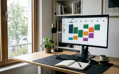 Ein aufgeräumter Schreibtisch mit einem modernen Computer-Monitor, der eine strukturierte digitale Kalenderansicht zeigt. - Foto: über boerse-global.de