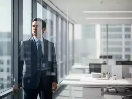 Ein professioneller Geschäftsführer in einem modernen, hellen Bürogebäude, der Stabilität und unternehmerischen Wandel symbolisiert. - Foto: über boerse-global.de
