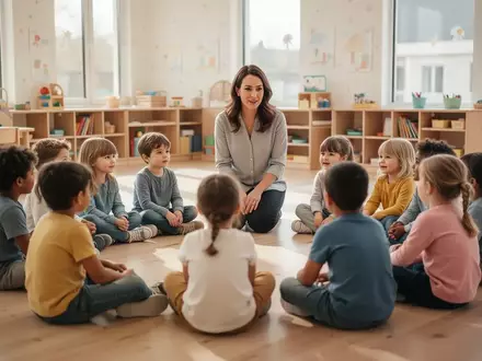 Eine Gruppe von Vorschulkindern sitzt in einem hellen Kindergartenraum im Kreis bei einem Resilienztraining. - Foto: über boerse-global.de