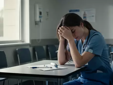 Erschöpfte Pflegekraft sitzt nachdenklich an einem Pausentisch in einem Krankenhaus. - Foto: über boerse-global.de
