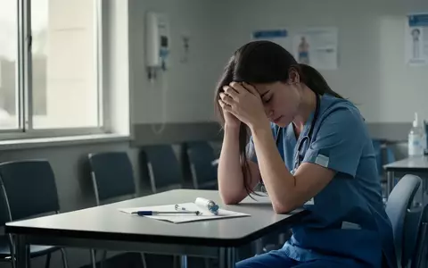 Erschöpfte Pflegekraft sitzt nachdenklich an einem Pausentisch in einem Krankenhaus. - Foto: über boerse-global.de