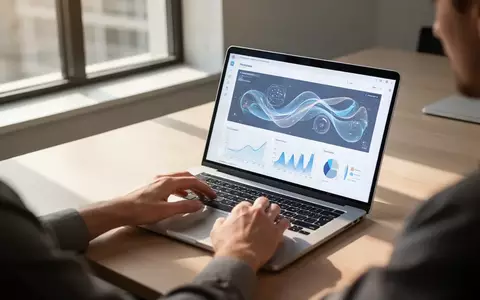 Eine Person arbeitet an einem Laptop in einem modernen Büro, auf dem Bildschirm ist eine interaktive Datenvisualisierung zu sehen. - Foto: über boerse-global.de