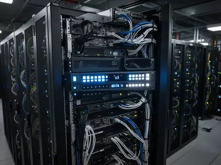 Nahaufnahme von aktiven Server-Racks in einem modernen Rechenzentrum mit leuchtenden Status-LEDs. - Foto: über boerse-global.de