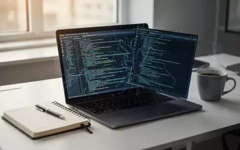 Ein moderner, aufgeräumter Arbeitsplatz mit einem Laptop, auf dem abstrakter Programmcode zur Cybersicherheit zu sehen ist. - Foto: über boerse-global.de