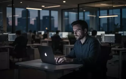 Ein Mitarbeiter arbeitet in einem schwach beleuchteten Büro an einem Laptop, was die unkontrollierte Nutzung von Schatten-KI symbolisiert. - Foto: über boerse-global.de