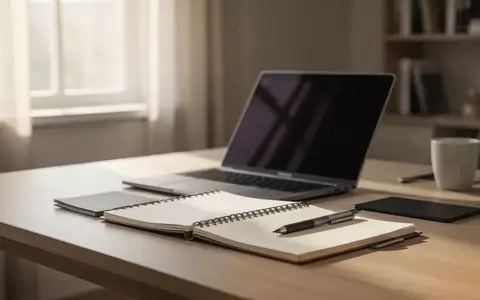 Ein moderner, aufgeräumter Schreibtisch mit Laptop und Notizbuch in einem hellen Büro, symbolisch für digitale Buchhaltung. - Foto: über boerse-global.de