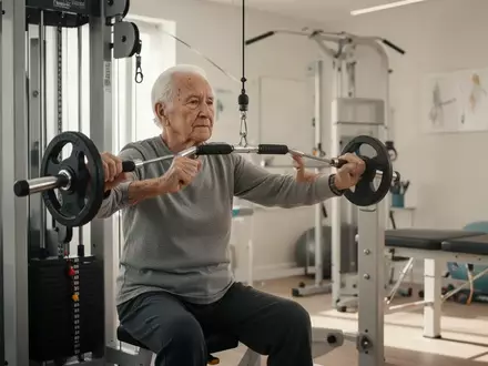 Eine ältere Person trainiert an einem Kraftgerät in einem hellen, modernen Fitnessraum. - Foto: über boerse-global.de