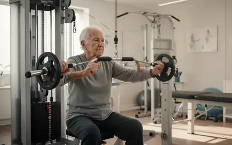 Eine ältere Person trainiert an einem Kraftgerät in einem hellen, modernen Fitnessraum. - Foto: über boerse-global.de