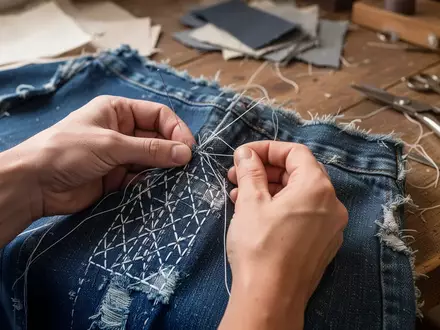 Nahaufnahme von Händen, die ein Kleidungsstück mit der japanischen Sashiko-Sticktechnik reparieren. - Foto: über boerse-global.de