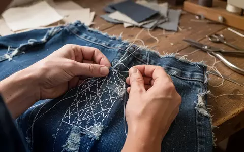 Nahaufnahme von Händen, die ein Kleidungsstück mit der japanischen Sashiko-Sticktechnik reparieren. - Foto: über boerse-global.de