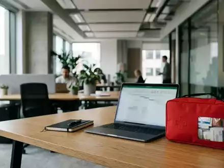 Erste-Hilfe-Koffer auf einem Schreibtisch in einem modernen Büro als Symbol für Arbeitssicherheit im Außendienst. - Foto: über boerse-global.de