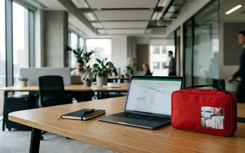 Erste-Hilfe-Koffer auf einem Schreibtisch in einem modernen Büro als Symbol für Arbeitssicherheit im Außendienst. - Foto: über boerse-global.de
