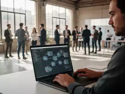 Ein Softwareentwickler arbeitet an einem Laptop in einem modernen Konferenzzentrum mit Blick auf andere Konferenzteilnehmer. - Foto: über boerse-global.de