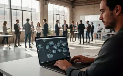 Ein Softwareentwickler arbeitet an einem Laptop in einem modernen Konferenzzentrum mit Blick auf andere Konferenzteilnehmer. - Foto: über boerse-global.de