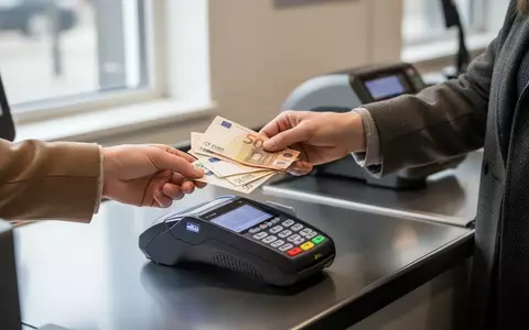 Eine Hand reicht an einer modernen Ladenkasse Euro-Banknoten, während daneben ein digitales Kartenterminal bereitsteht. - Foto: über boerse-global.de