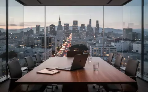 Ein moderner, minimalistischer Konferenzraum in einem Büro mit Blick auf die Skyline von San Francisco bei Dämmerung. - Foto: über boerse-global.de