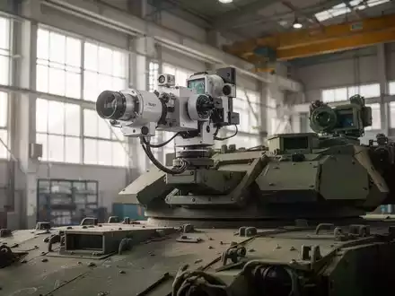 Präzises optisches Sensorsystem auf einem militärischen Fahrzeugturm in einer industriellen Testumgebung. - Foto: über boerse-global.de