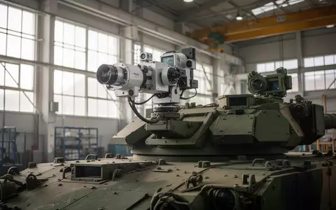 Präzises optisches Sensorsystem auf einem militärischen Fahrzeugturm in einer industriellen Testumgebung. - Foto: über boerse-global.de