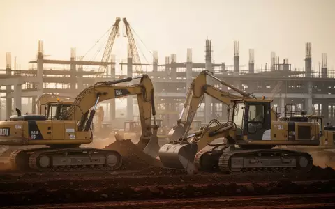 Baustelle mit schwerem Baugerät bei Sonnenuntergang als Symbol für Infrastrukturprojekte. - Foto: über boerse-global.de