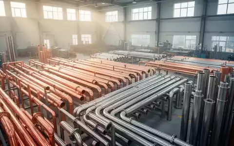 Moderne Industrieanlage mit sauber gelagerten Kupfer- und Edelstahlrohren in einer hellen Lagerhalle. - Foto: über boerse-global.de