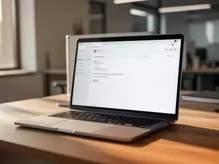 Ein moderner, aufgeräumter Büroarbeitsplatz mit einem geöffneten Laptop auf einem Holztisch bei natürlichem Tageslicht. - Foto: über boerse-global.de