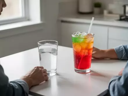 Eine Person wählt zwischen einem Glas Wasser und einem zuckerhaltigen Erfrischungsgetränk an einem Küchentisch. - Foto: über boerse-global.de