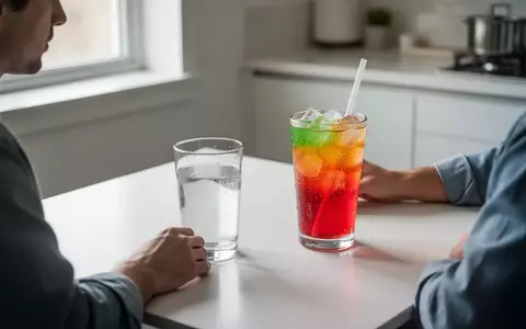 Eine Person wählt zwischen einem Glas Wasser und einem zuckerhaltigen Erfrischungsgetränk an einem Küchentisch. - Foto: über boerse-global.de