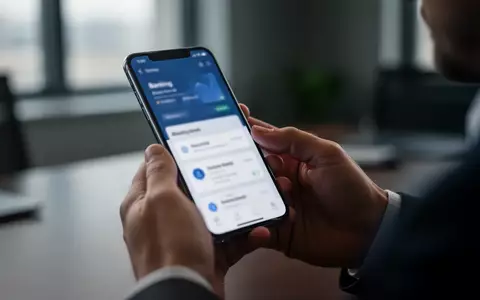 Nahaufnahme einer Hand, die ein Smartphone in einer Büroumgebung hält, während der Bildschirm eine Banking-App zeigt. - Foto: über boerse-global.de