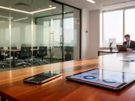 Ein moderner Konferenztisch in einem Büro mit einem Smartphone und einem Tablet, die Geschäftszahlen symbolisieren. - Foto: über boerse-global.de