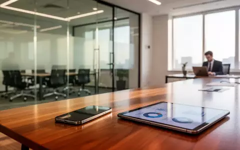 Ein moderner Konferenztisch in einem Büro mit einem Smartphone und einem Tablet, die Geschäftszahlen symbolisieren. - Foto: über boerse-global.de
