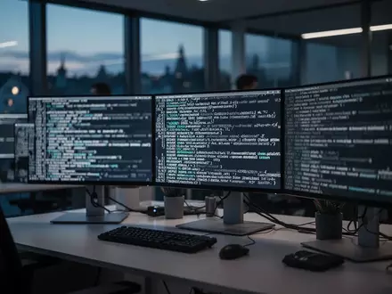 Ein moderner Arbeitsplatz mit Monitoren, die komplexen Computercode in einem schwach beleuchteten Büro in Zürich zeigen. - Foto: über boerse-global.de