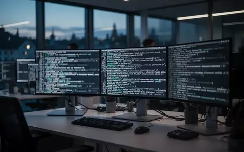 Ein moderner Arbeitsplatz mit Monitoren, die komplexen Computercode in einem schwach beleuchteten Büro in Zürich zeigen. - Foto: über boerse-global.de