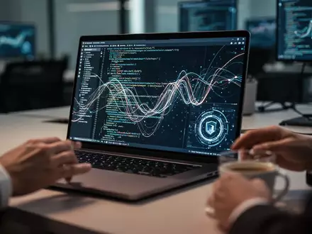 Ein beleuchteter Laptopbildschirm in einem dunklen Büro zeigt komplexen Programmcode und Datenvisualisierungen. - Foto: über boerse-global.de