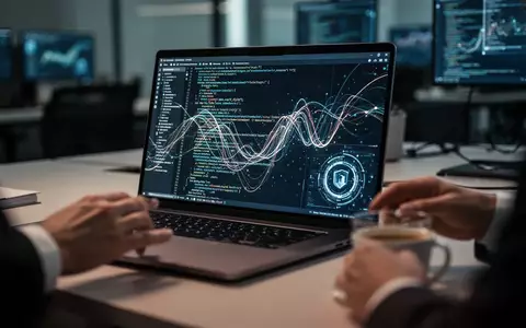 Ein beleuchteter Laptopbildschirm in einem dunklen Büro zeigt komplexen Programmcode und Datenvisualisierungen. - Foto: über boerse-global.de