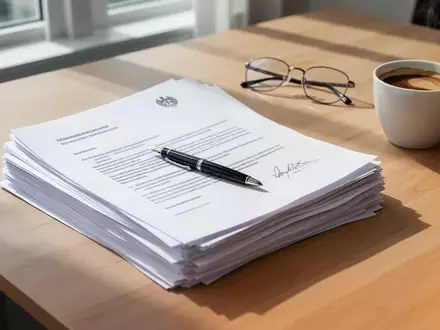 Ein moderner Schreibtisch in einem hellen Büro mit Dokumenten, einer Brille und einer Kaffeetasse bei natürlichem Tageslicht. - Foto: über boerse-global.de