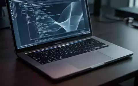 Ein MacBook Pro auf einem dunklen Schreibtisch, dessen Bildschirm eine abstrakte Terminal-Oberfläche zeigt, die Cybersicherheit symbolisiert. - Foto: über boerse-global.de