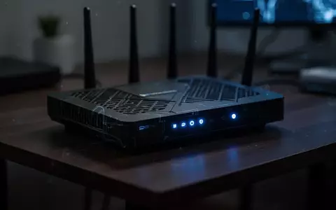 Ein moderner Internet-Router mit leuchtenden Status-LEDs auf einem dunklen Schreibtisch in einer schummrigen Umgebung. - Foto: über boerse-global.de