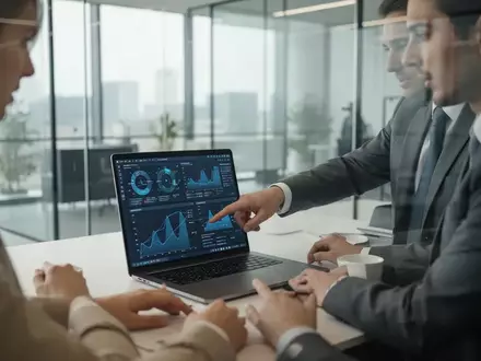 Zwei Unternehmensberater besprechen an einem Laptop komplexe Daten in einem modernen, hellen Büro. - Foto: über boerse-global.de