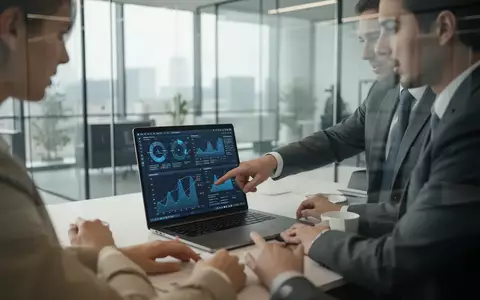 Zwei Unternehmensberater besprechen an einem Laptop komplexe Daten in einem modernen, hellen Büro. - Foto: über boerse-global.de
