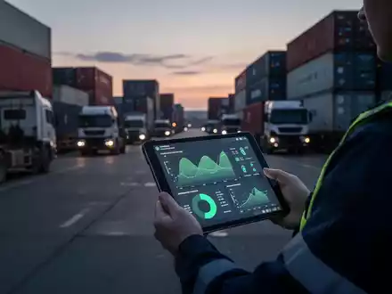 Ein Mitarbeiter in einem Logistikzentrum betrachtet Daten zur CO2-Emissionsreduktion auf einem Tablet. - Foto: über boerse-global.de