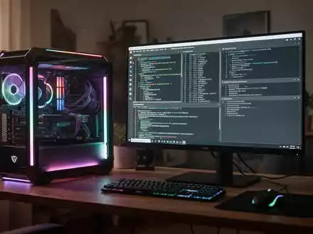 Ein moderner Linux-Arbeitsplatz mit einem Gaming-PC und einem Monitor, der Programmiercode und Software-Schnittstellen zeigt. - Foto: über boerse-global.de