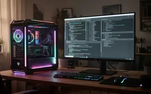 Ein moderner Linux-Arbeitsplatz mit einem Gaming-PC und einem Monitor, der Programmiercode und Software-Schnittstellen zeigt. - Foto: über boerse-global.de