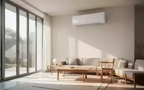 Ein minimalistisch eingerichtetes Wohnzimmer mit einem dezent an der Wand montierten, modernen Klimagerät. - Foto: über boerse-global.de