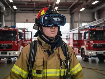Feuerwehrmann in Schutzausrüstung trägt eine Virtual-Reality-Brille in einem modernen Feuerwehrgebäude. - Foto: über boerse-global.de