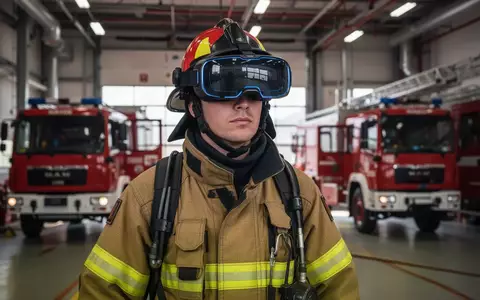 Feuerwehrmann in Schutzausrüstung trägt eine Virtual-Reality-Brille in einem modernen Feuerwehrgebäude. - Foto: über boerse-global.de