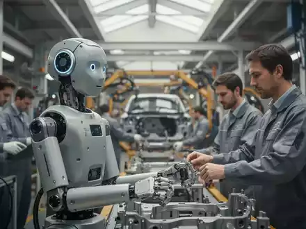 Ein humanoider Roboter bei der Arbeit in einer modernen Automobil-Fertigungshalle. - Foto: über boerse-global.de