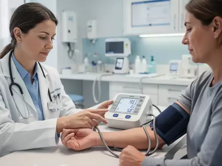 Ein Arzt misst in einer modernen Klinik den Blutdruck eines Patienten mit einem digitalen Blutdruckmessgerät. - Foto: über boerse-global.de
