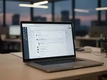 Ein Laptop in einem modernen, menschenleeren Büro am Abend, der auf die Risiken automatisierter E-Mail-Antworten hindeutet. - Foto: über boerse-global.de