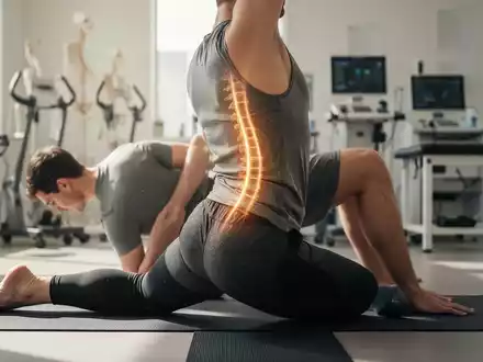 Eine Person führt in einer physiotherapeutischen Praxis eine Übung zur Korrektur der Körperhaltung und Entlastung des Rückens aus. - Foto: über boerse-global.de