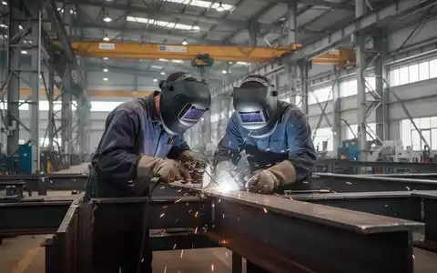Ein Schweißer arbeitet in einer modernen Stahlbauhalle an einem großen Stahlträger für eine industrielle Konstruktion. - Foto: über boerse-global.de